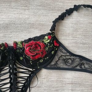 French handmade black lace corset with roses